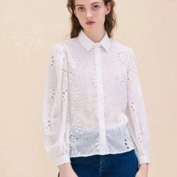 Maje Calek Eyelet Button Front Floral Lace Blouse Shirt Top White Ecru size L - Picture 1 of 11